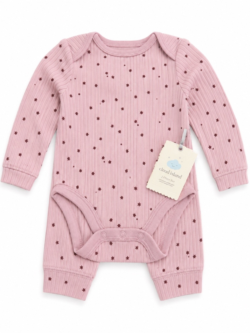 cloud island Dusty Pink Ribbed Star-Print Long-Sleeve Baby Romper